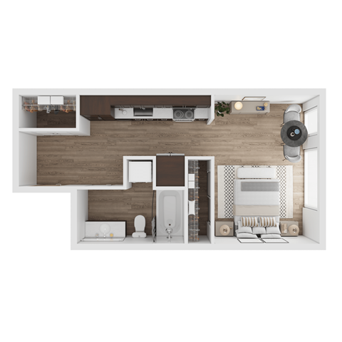 a stylized floor plan of a house with a bedroom and a bathroom